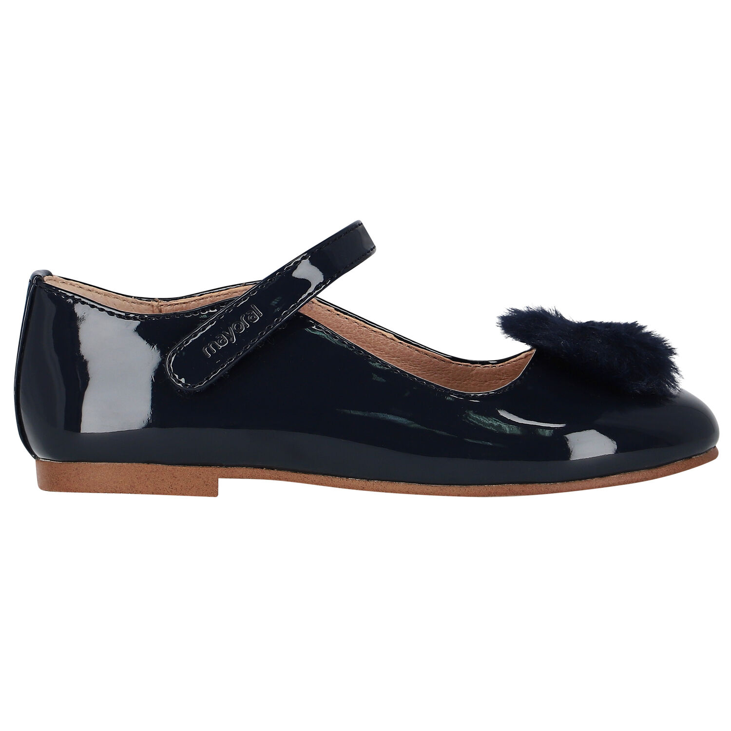 Girls Navy Blue Fur Patent Leather Shoes, 2, hi-res